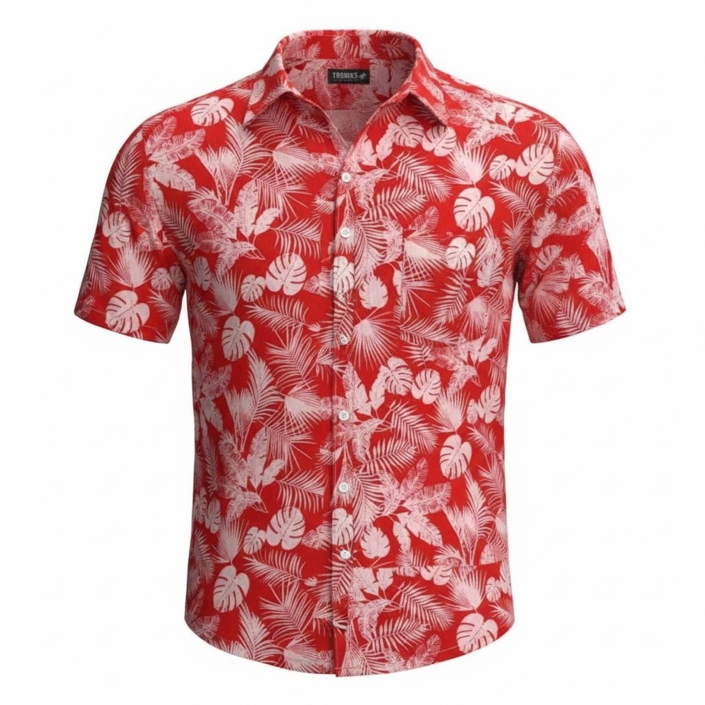Trunks Surf & Swim Co Mens Red White Tropical Palm Leaf Button Down Shirt Large